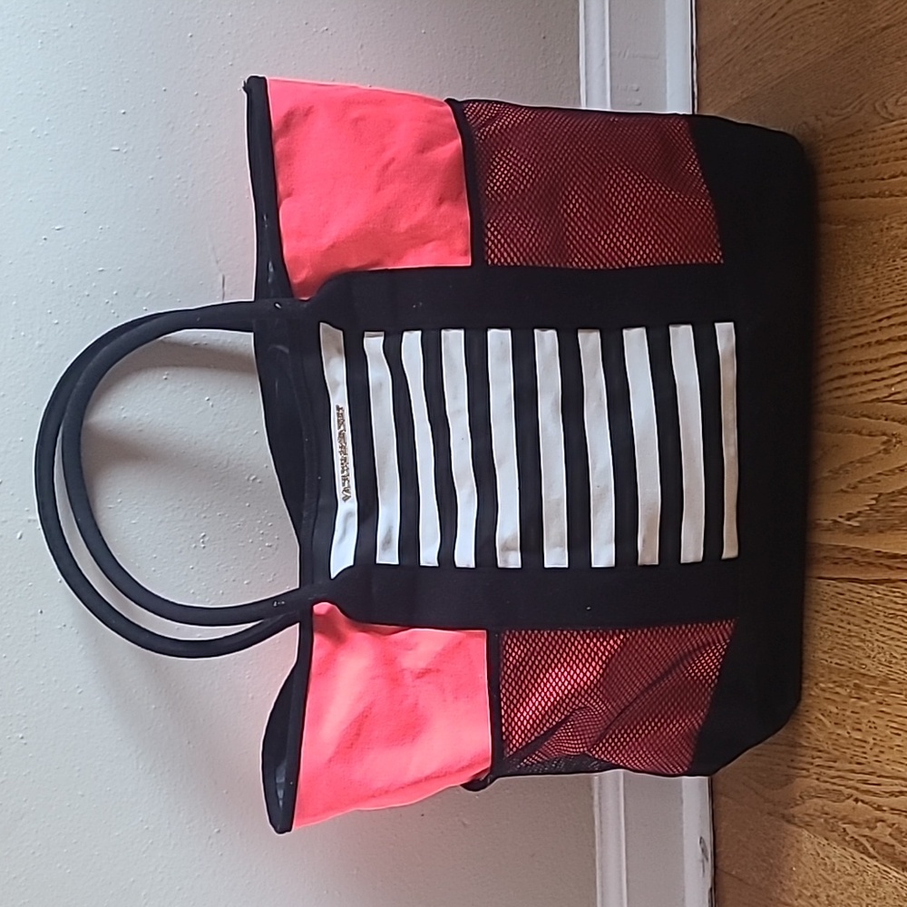 NEW Victoria's Secret Canvas Tote Travel Bag Black/Coral Pink